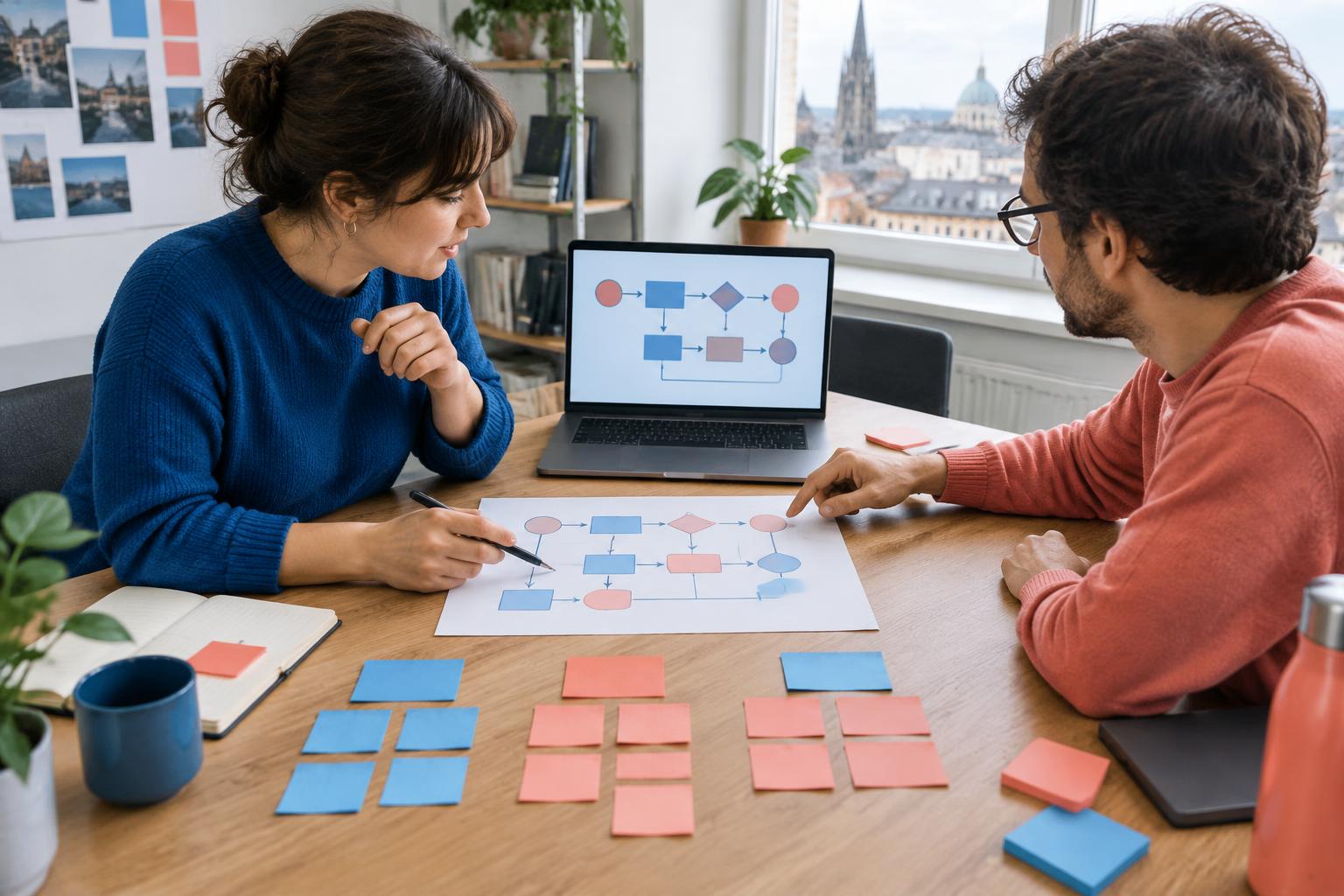 Illustration: Two people planning a workflow with diagrams and notes