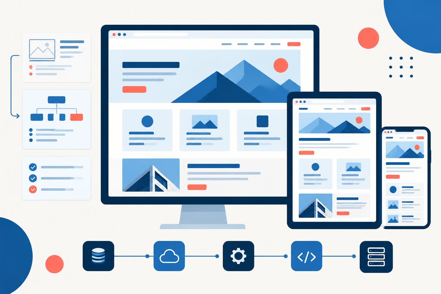 Illustration: Corporate website on desktop, tablet and smartphone connected to business systems